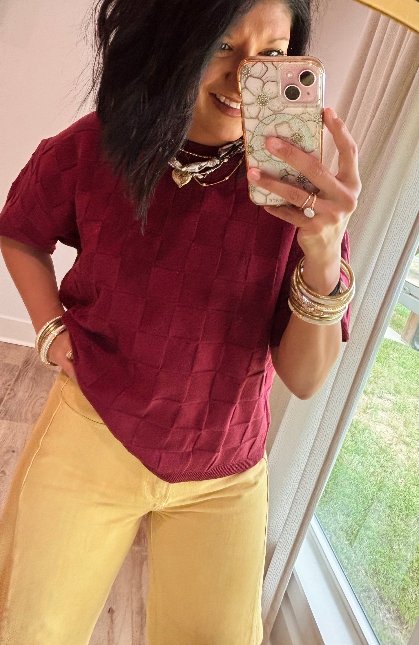 Checkered Light Sweater- Burgundy
