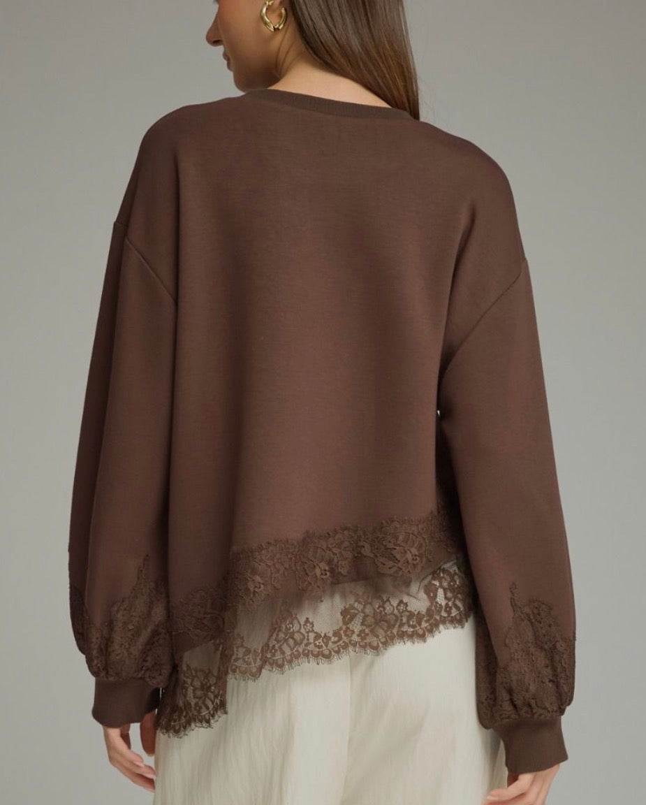 A Little Lace Scuba Top-BROWN