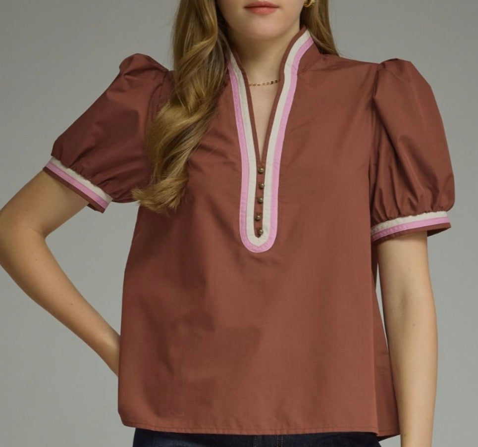 Piped & Polished Top- BROWN