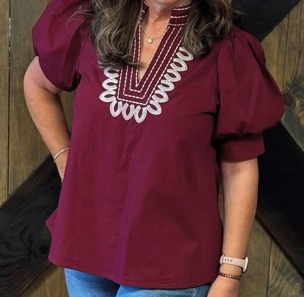 Burgundy Grace Embroidered Top