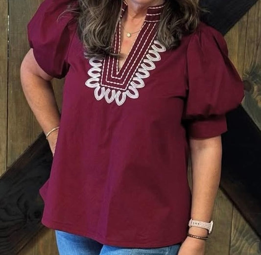 Burgundy Grace Embroidered Top