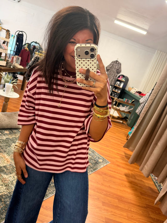 Sunday Stripe Top-BURGUNDY/PINK