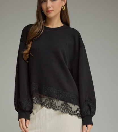 A Little Lace Scuba Top-BLACK