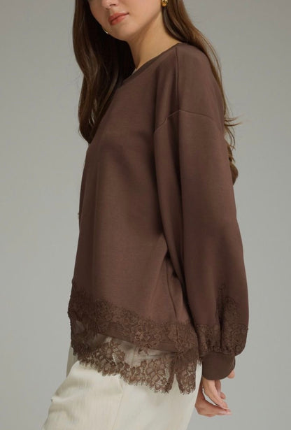 A Little Lace Scuba Top-BROWN