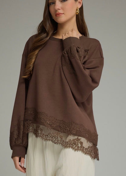 A Little Lace Scuba Top-BROWN